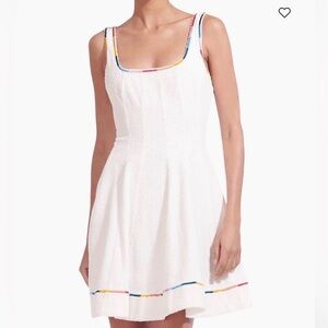 STAUD Wells Embroidered Mini Dress White Cotton Fit Flare Multicolor Trim